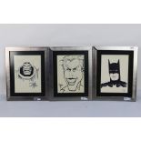 Three framed ink drawings attributed to Dave Taylor the comic book artist comprising Batman,