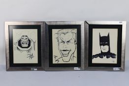 Three framed ink drawings attributed to Dave Taylor the comic book artist comprising Batman,