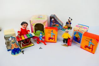 TA - Vintage Tinplate - 6 x boxed tinplate toys including a drumming panda, 2 x clown on scooters,