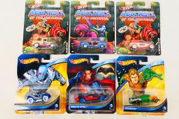 Hot Wheels - 6 x unopened carded Masters Of The Universe and DC Comics vehicles including '29 Ford
