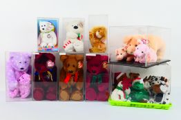 Ty Beanie Babies - Fifteen Ty Beanie Babies in plastic display cases and One Hamster tank.