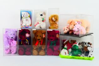 Ty Beanie Babies - Fifteen Ty Beanie Babies in plastic display cases and One Hamster tank.