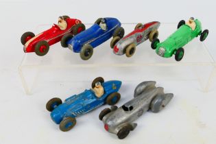 Dinky - 6 x unboxed racing cars, Auto Union with riveted base and no driver # 23E, Maserati # 23N,