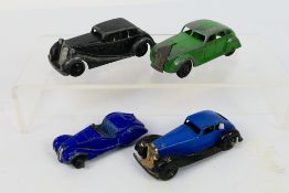 Dinky - Crescent - 4 x unboxed cars, Fraser Nash with lacquered base # 38a, Chrysler Airflow # 30a,