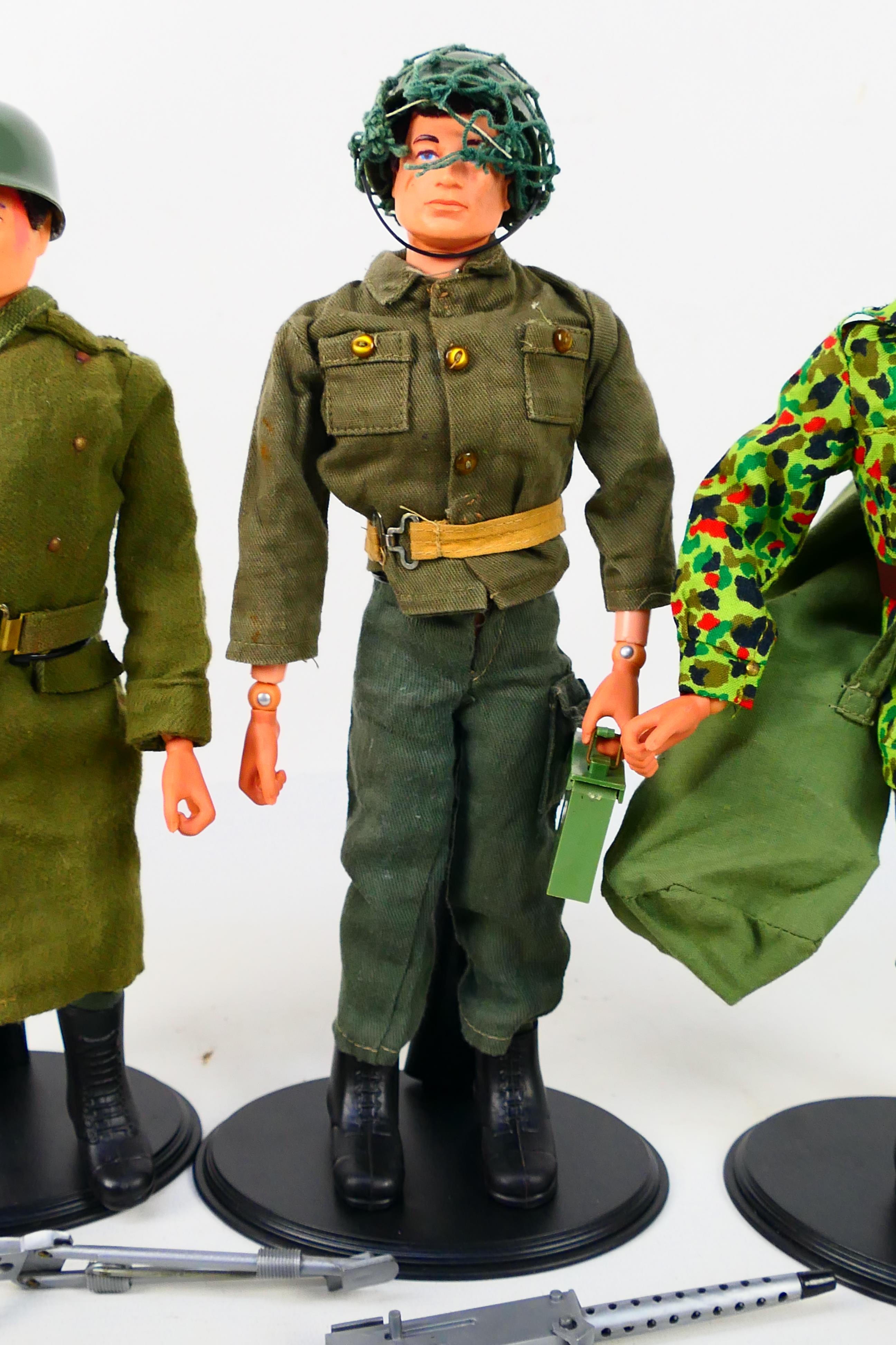 Palitoy - Action Man - 3 x vintage flock hair Action Man figures on stands. - Image 3 of 4