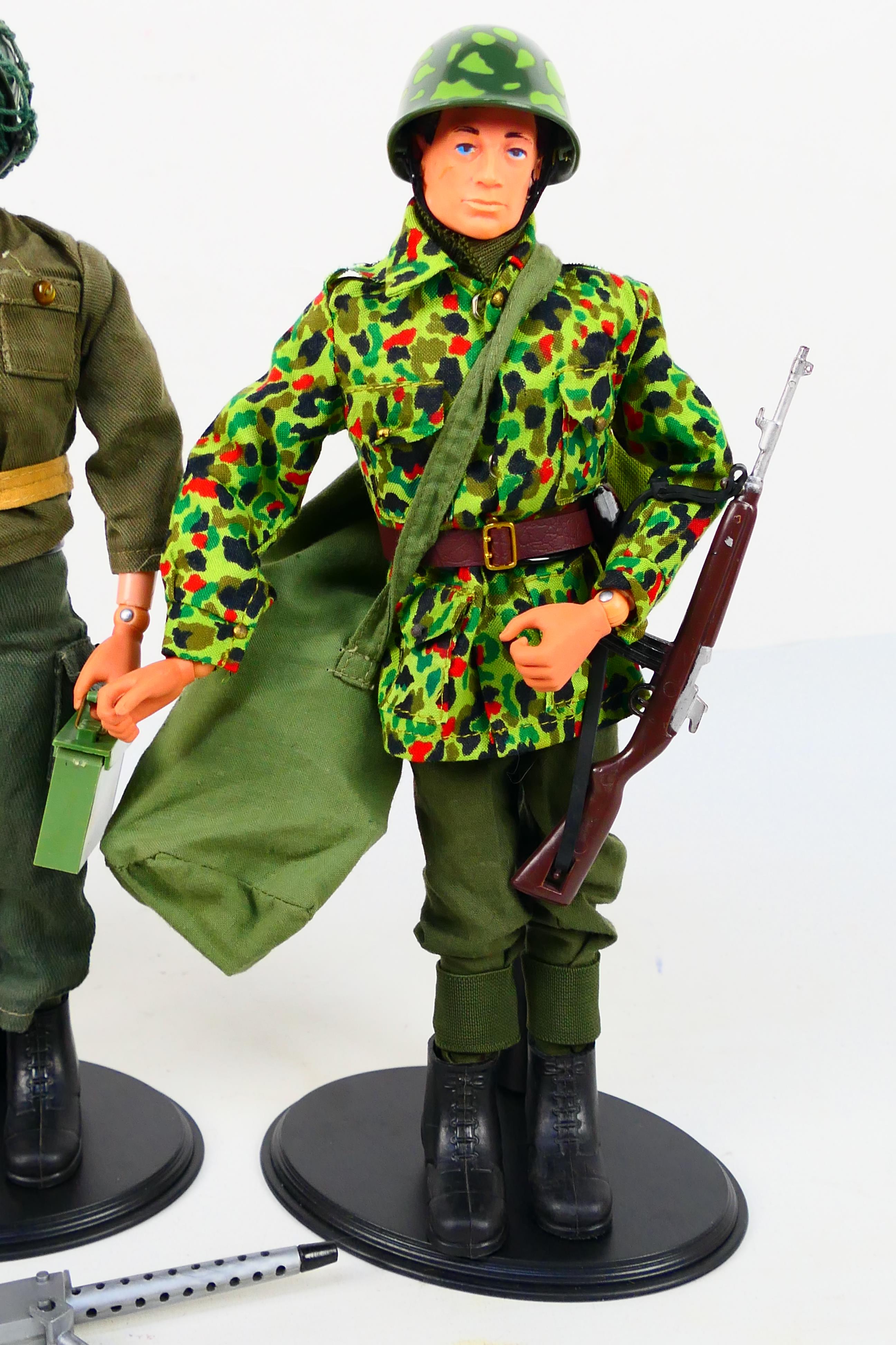 Palitoy - Action Man - 3 x vintage flock hair Action Man figures on stands. - Image 4 of 4