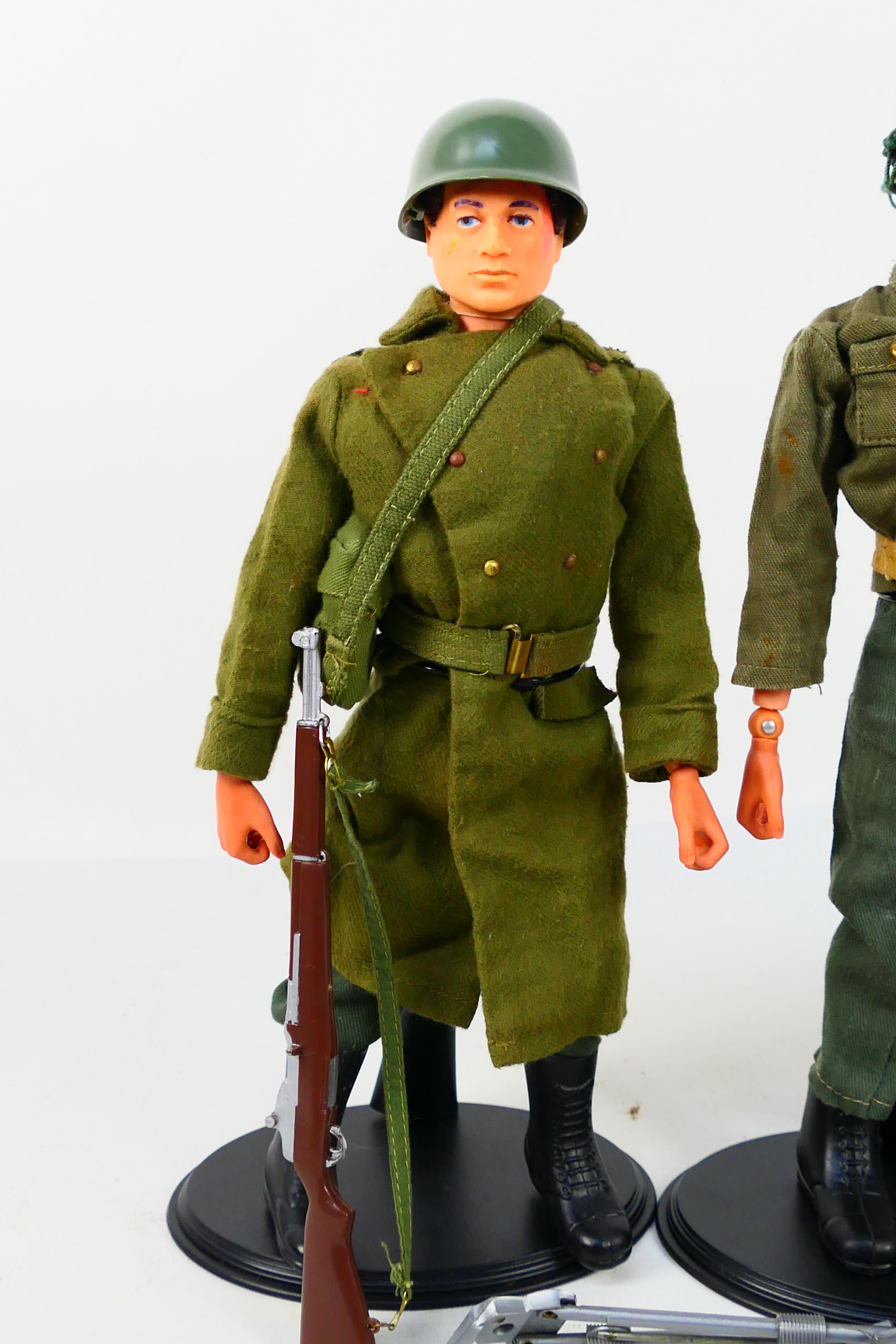 Palitoy - Action Man - 3 x vintage flock hair Action Man figures on stands. - Image 2 of 4