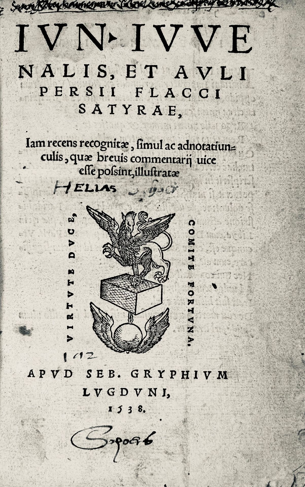 JUVENALIS & PERSIUS. Satyrae. Iam recens rec. Lyon, S. Gryphius, 1538. 159 pp