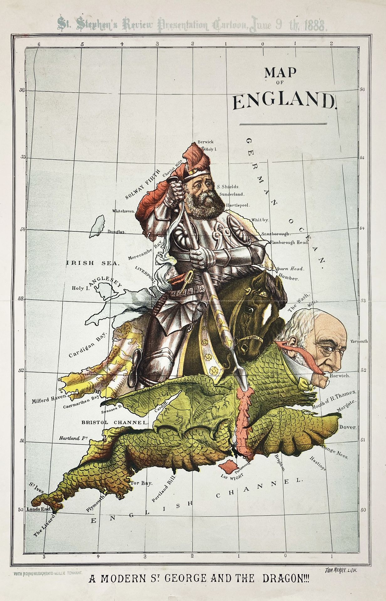 COMIC MAP -- "MAP OF ENGLAND. A Modern St. George and the Dragon