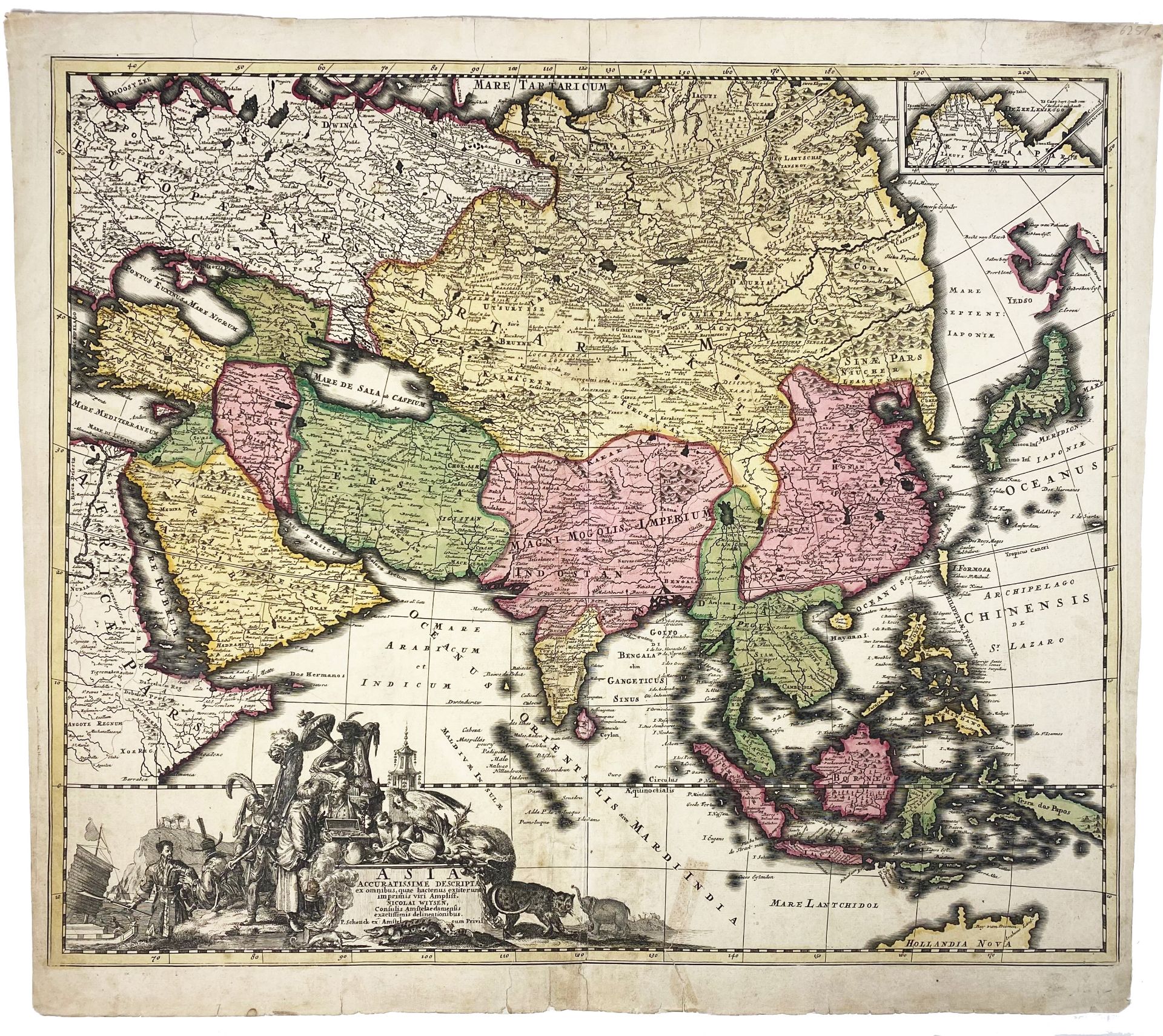 ASIA -- "ASIA ACCURATISSIME DESCRIPTA". Engr. map by N. Witsen, in cont. handcolouring