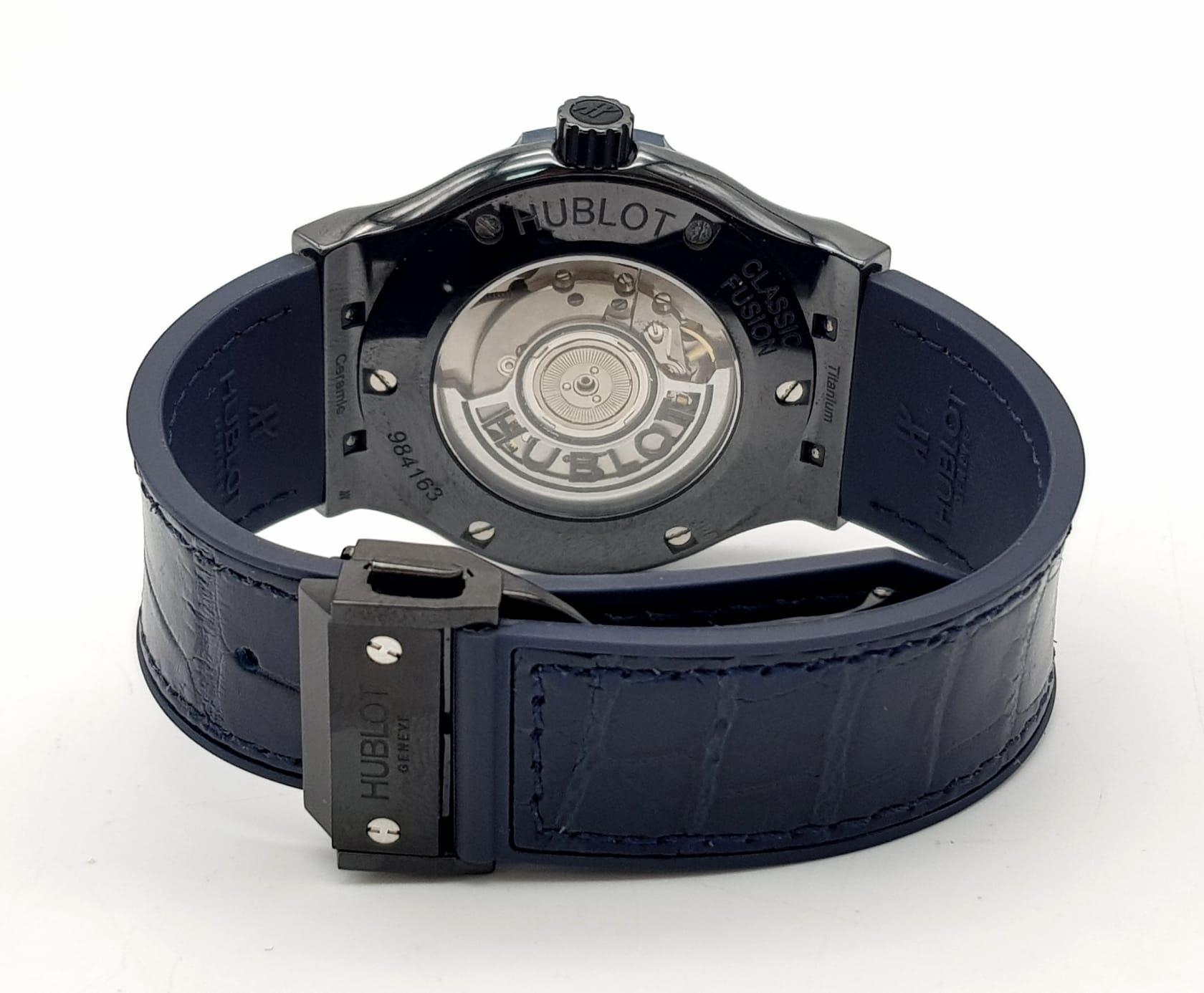 A Hublot Classic Fusion Automatic Gents Watch. Original Hublot blue alligator leather strap. Black - Image 5 of 6
