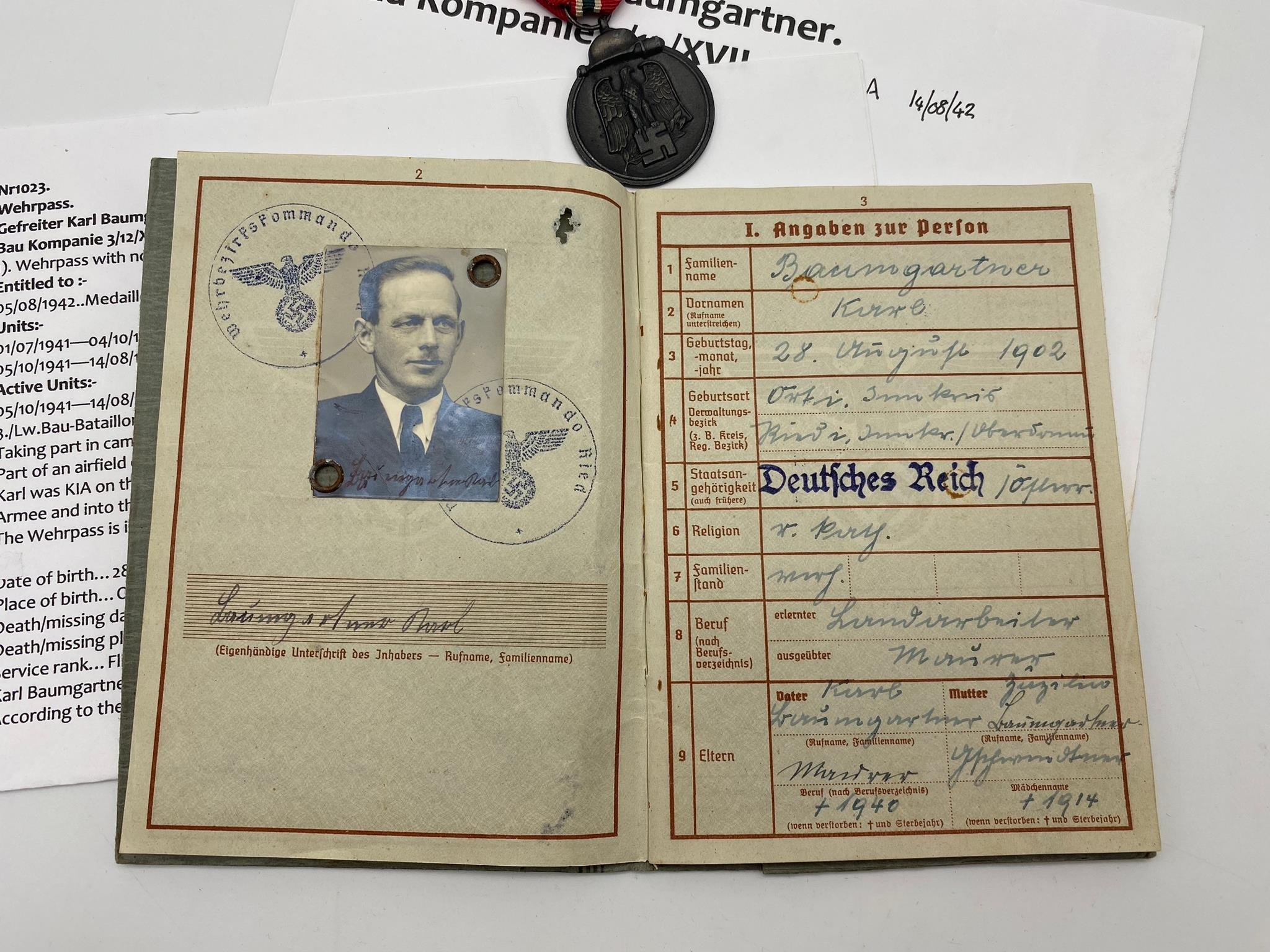 WW2 German Luftwaffe Wehrpass/Service Book and Eastern Front Medal. The service book named to one - Image 3 of 4