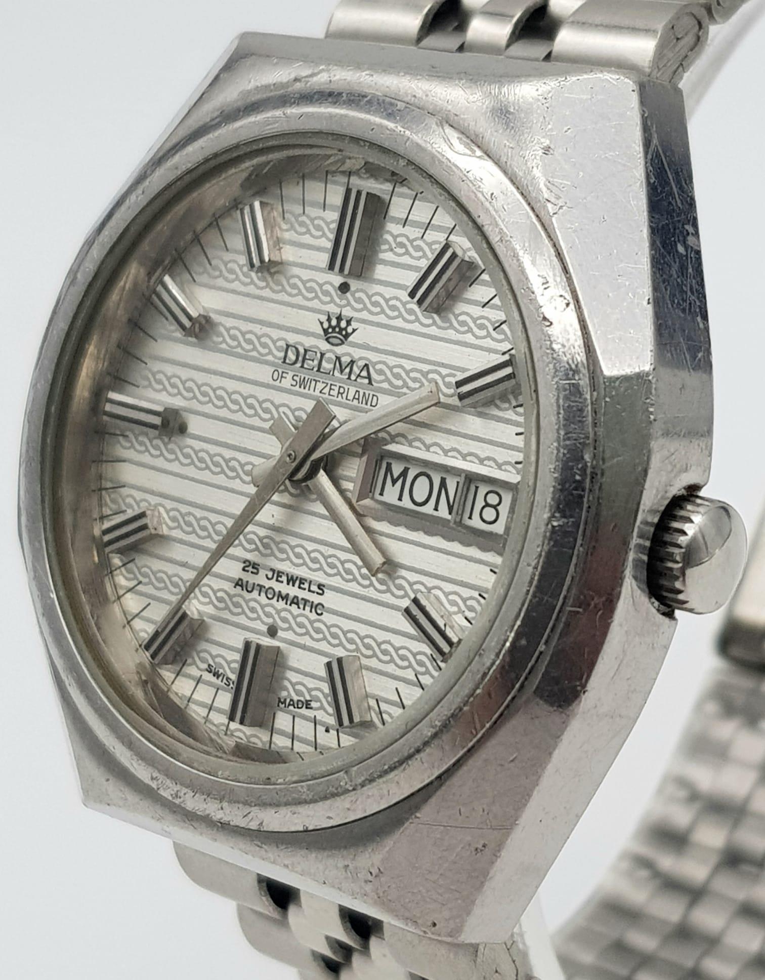 A Vintage Delma 25 Jewel Automatic Gents Watch. Stainless steel strap (new) and case - 38mm. - Image 3 of 9