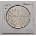 A Silver 1833 French Five Franc Coin. Please see photos for conditions.