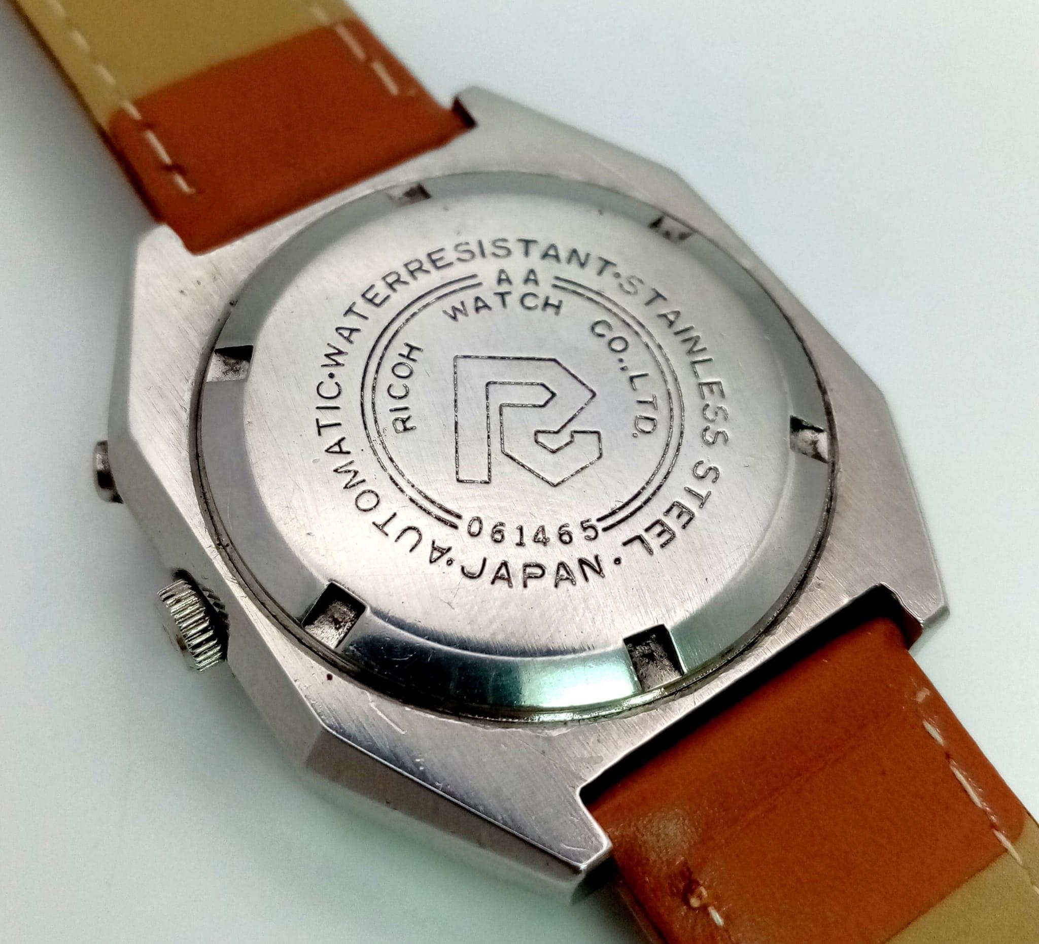 A Rare Vintage Ricoh 21 Jewel Automatic Gents Watch. Brown leather strap. Hexagonal steel case - - Image 5 of 5