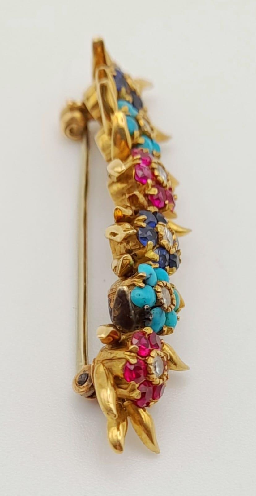 A Beautifully Crafted Antique High Karat Gold, Ruby, Turquoise, Sapphire and Diamond Bar Pin/Brooch. - Image 5 of 7