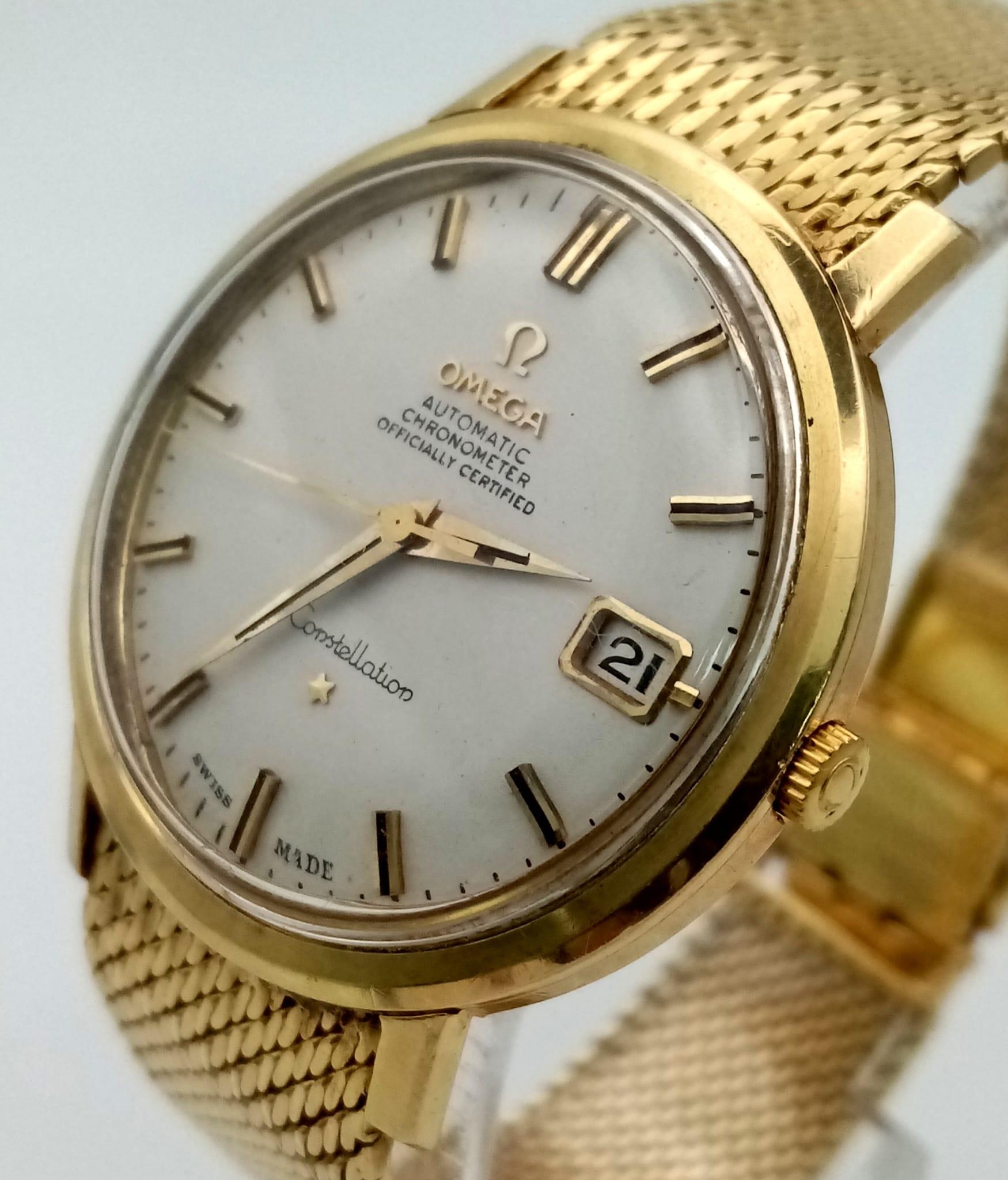 A 1960s 18K Solid Gold Omega Constellation Gents Watch. 18K gold strap and case - 36mm. White dial - Image 3 of 8