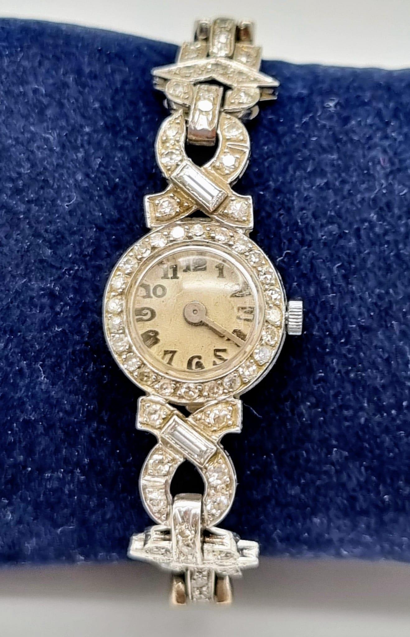 An Antique 14K White Gold and Diamond Ladies Watch. Art Deco Style with a gold and diamond bracelet. - Image 5 of 7