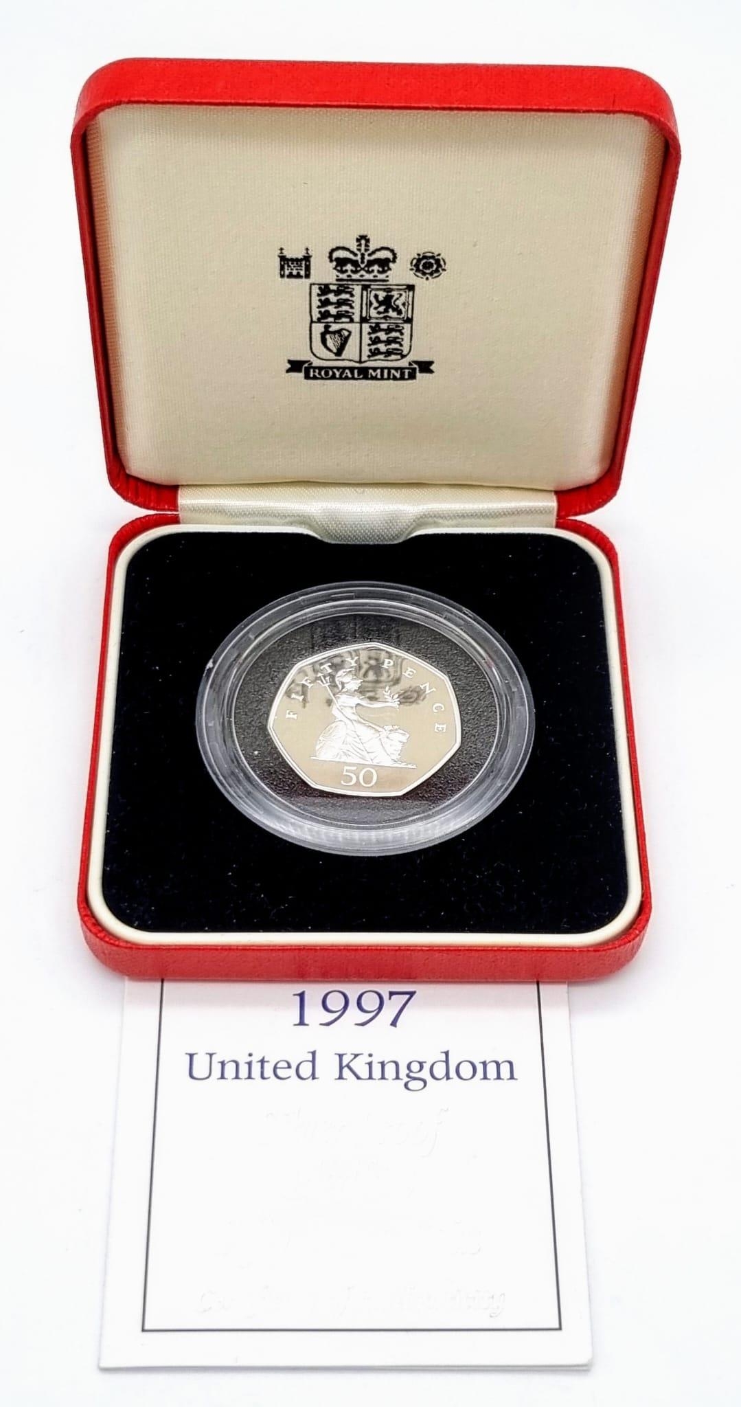 A 1997 Silver Proof Piedfort Fifty Pence Coin. In original Royal Mint Case with COA.