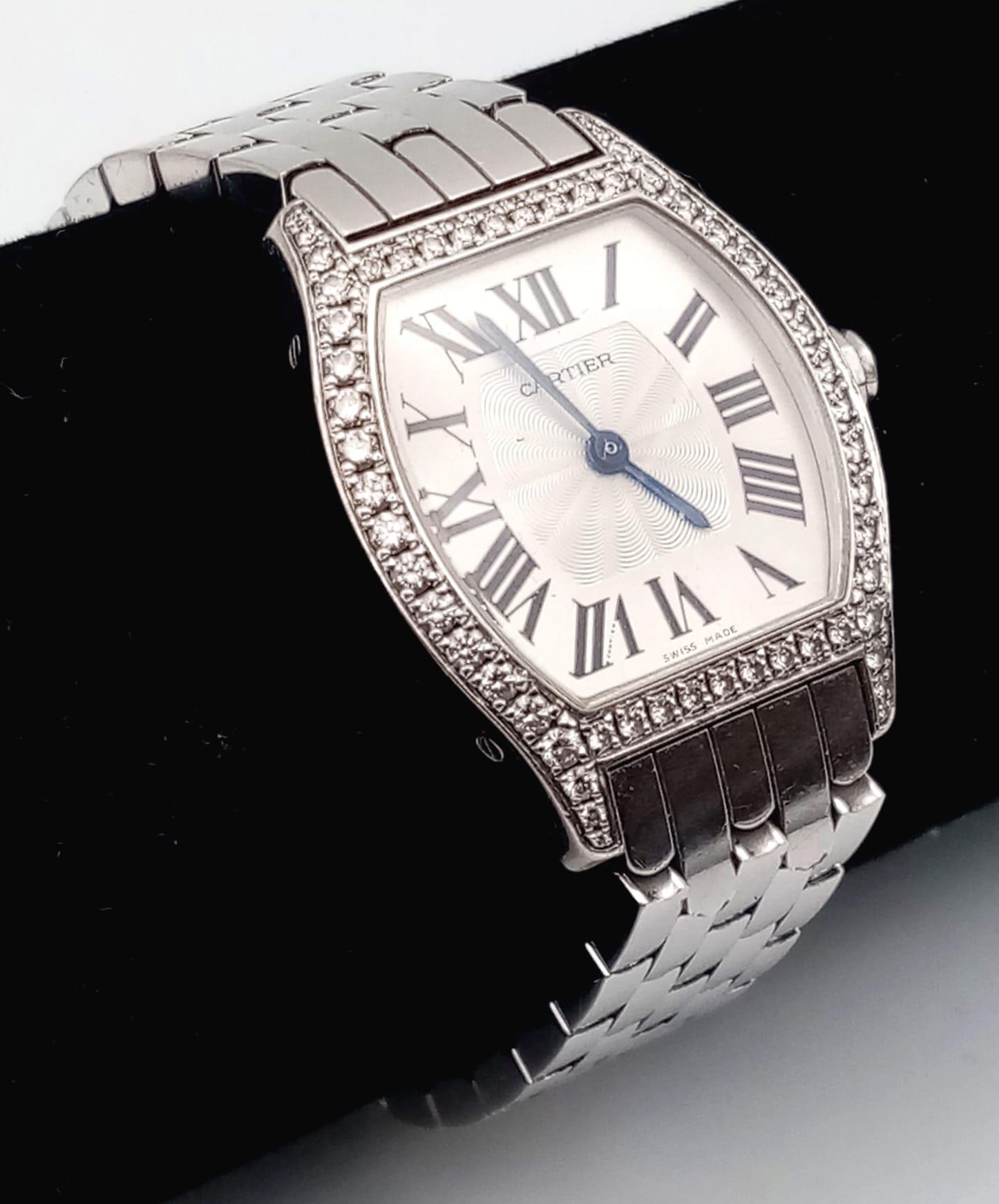 A Cartier 18K Gold and Diamond Tortue Ladies Watch. 18K gold bracelet and case - 25mm. White dial. - Image 2 of 8