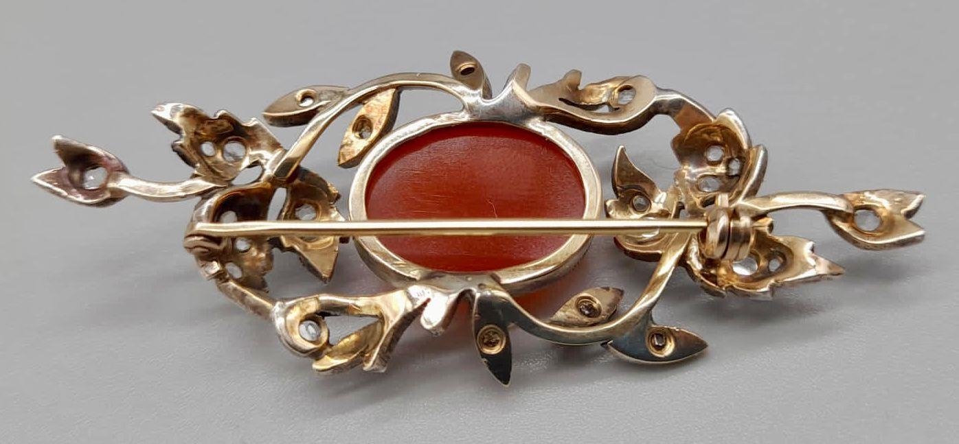 An Antique Victorian 15K Yellow Gold Rose Cut Diamond Carnelian Brooch. Large central cut - Image 2 of 14