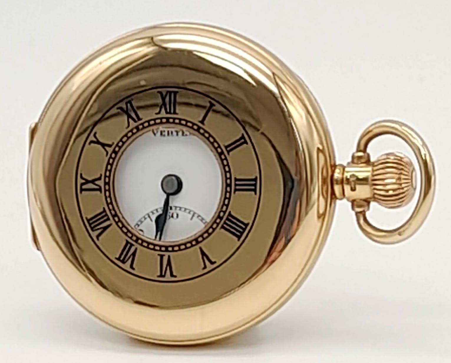 A Vintage Vertex Half Hunter 9K Gold Cased Pocket Watch. Top winder. White dial with sub second - Image 2 of 6