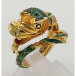 18k Yellow Gold Enamelled Snake Ring. Size K, weighs 11.4g in total.