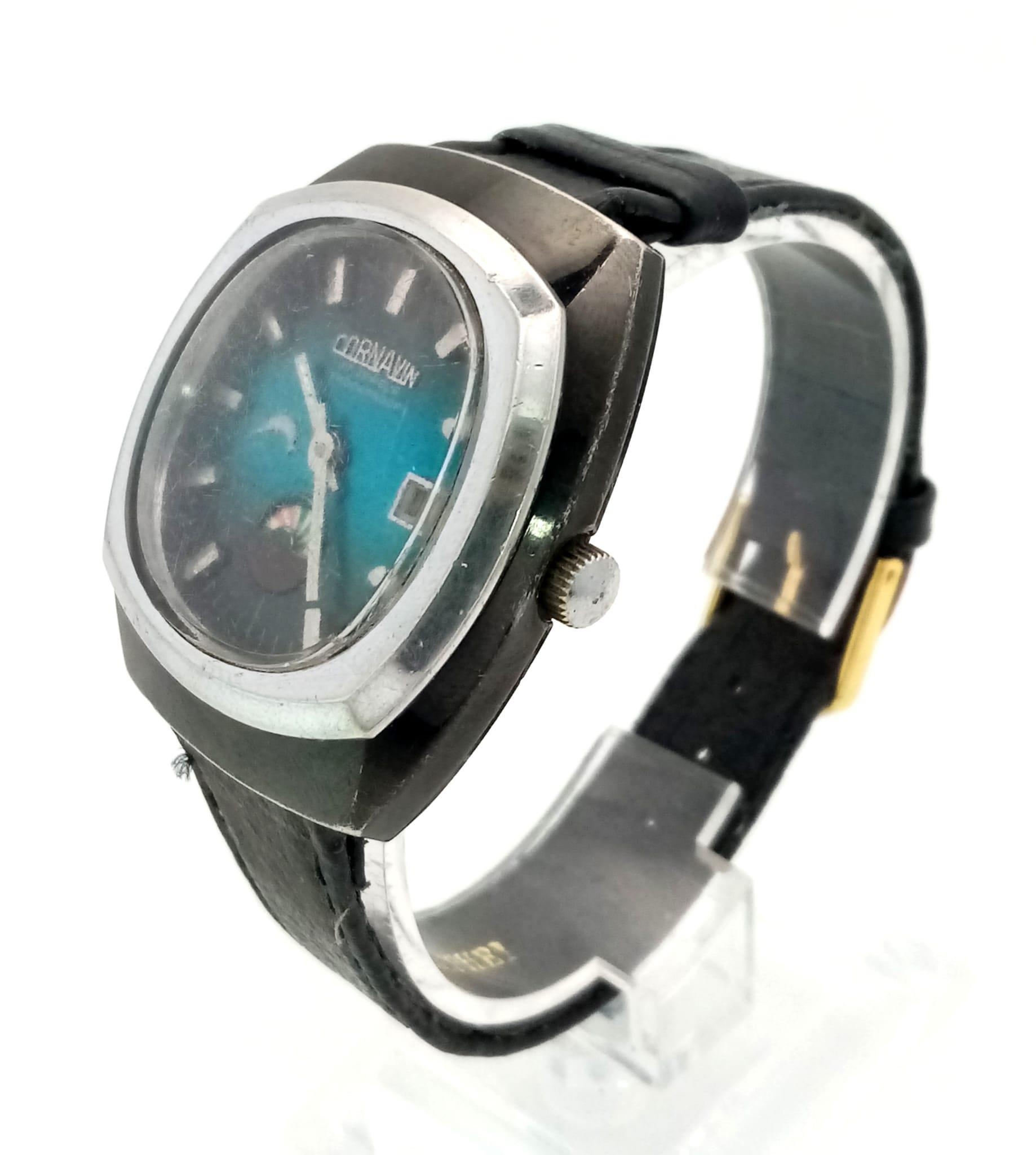 A Rare Cornavin Mystery Watch. Black leather strap. Case - 38mm. Shades of blue dial with date and - Image 2 of 4