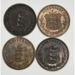 Four Guernsey 8 Doubles Coins. 1885, 64, 89 and 1910. Please see photos for conditions.