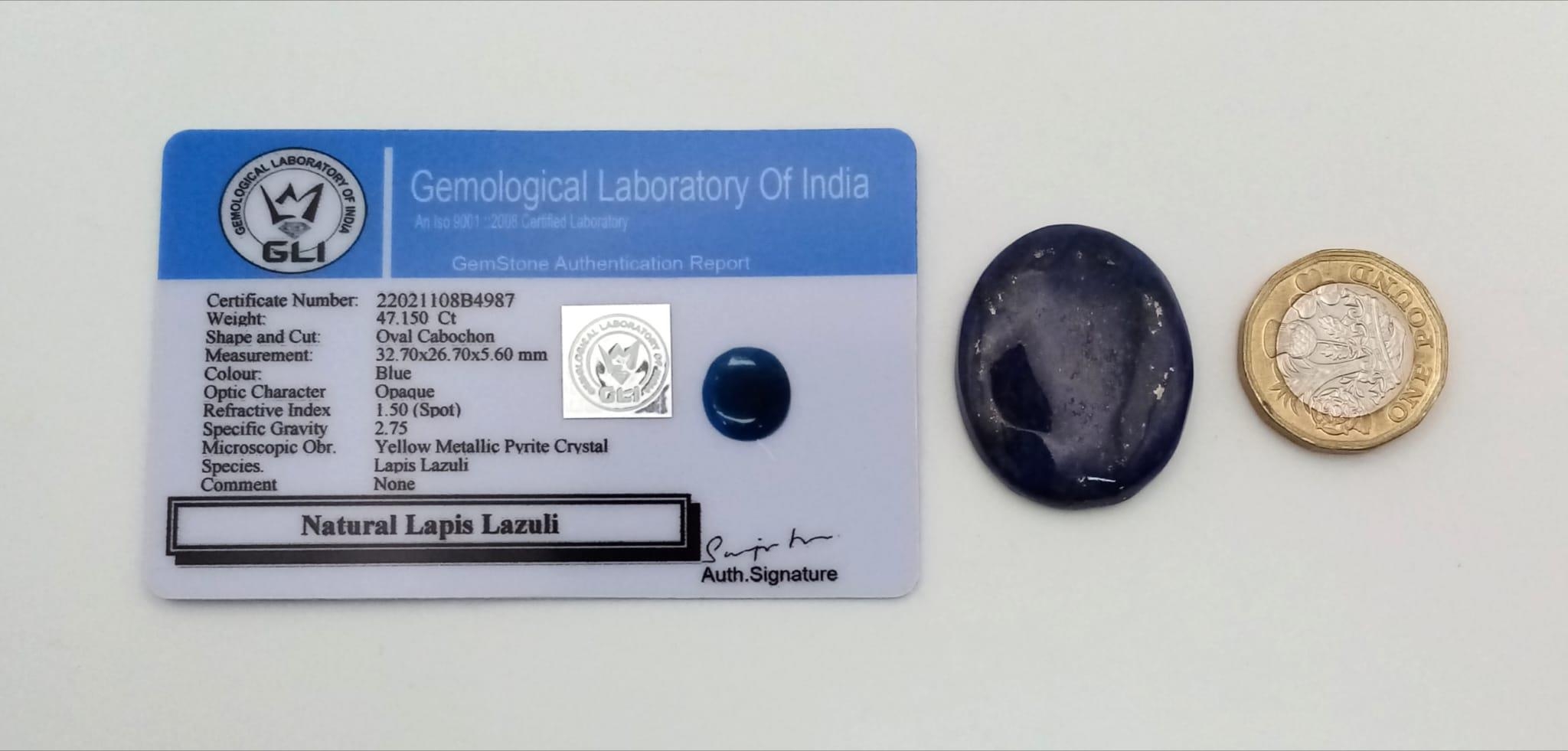 A 47.10ct Lapis Lazuli Oval Cabochon Gemstone. GLI Certified - Image 3 of 3