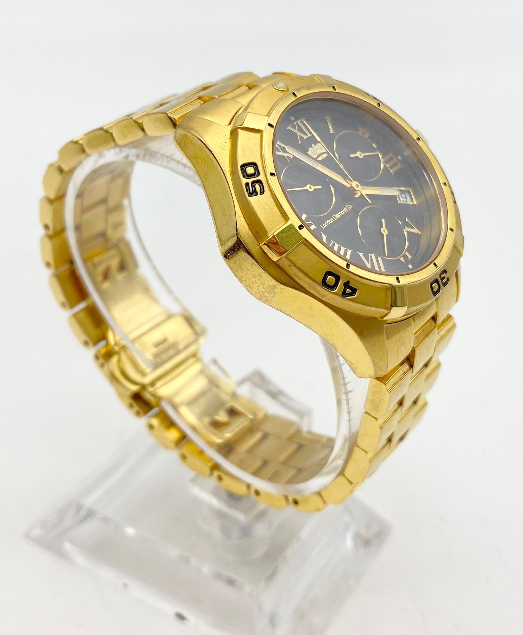 Excellent Condition Limited Edition London Diamond Company 18 carat Gold Plated Chronograph Watch. - Image 2 of 4