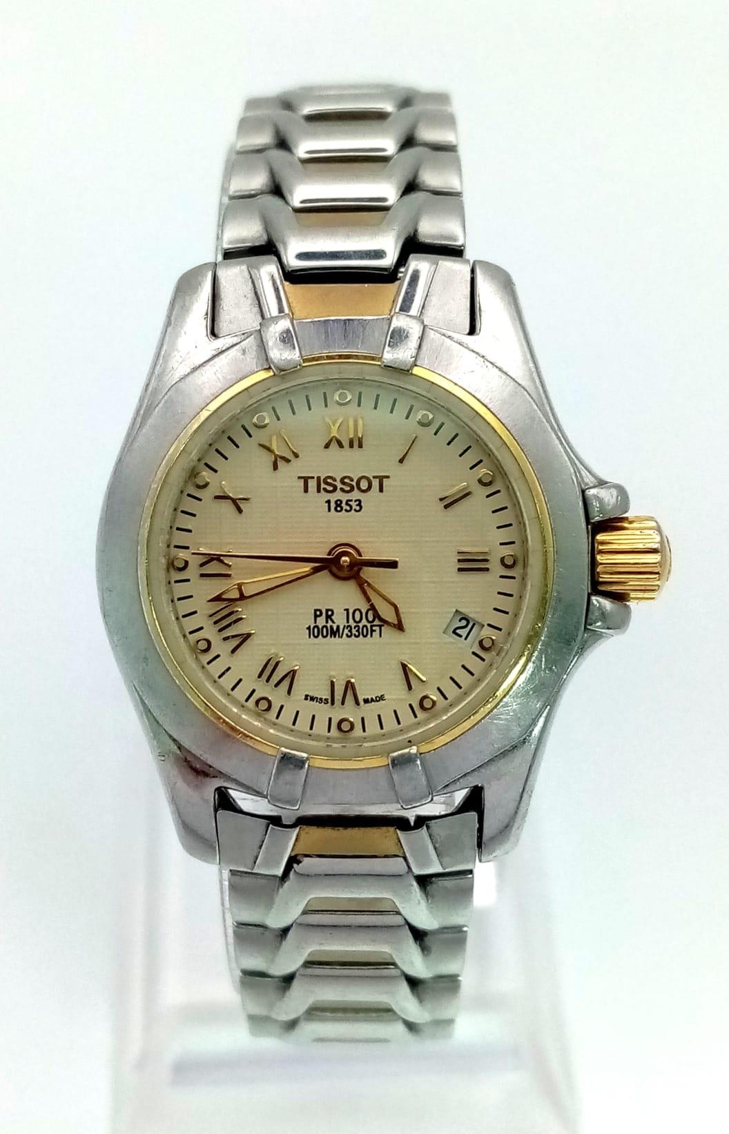 A Tissot 1853 PR 100 Two-Tone Ladies Watch. Water resistant to 100m. Case - 25mm. Quartz movement.