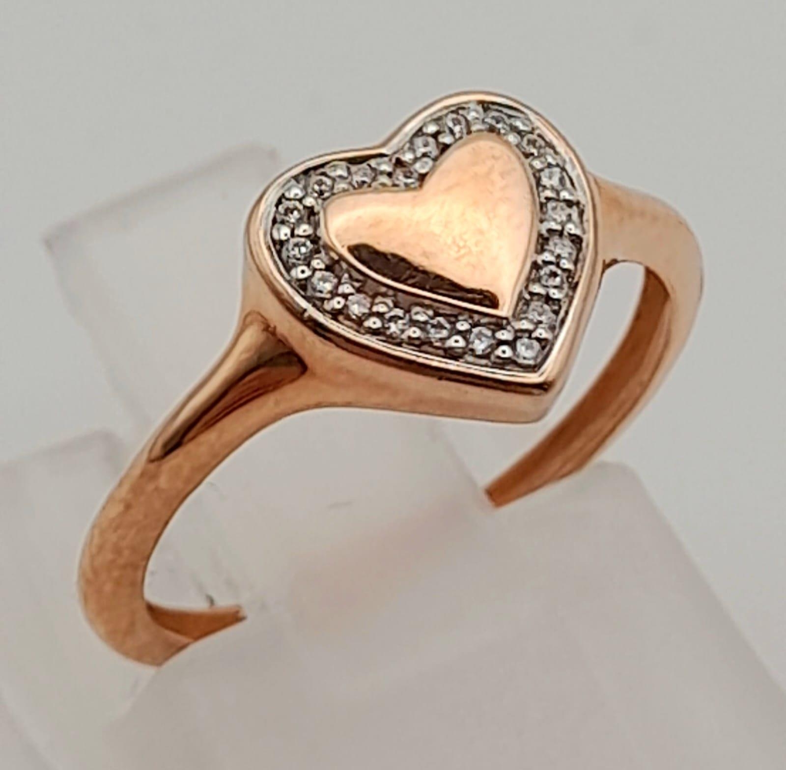 9k rose gold diamond heart signet ring Size G 1.1g (0.15ct diamonds) - Image 2 of 5