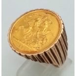 9k Yellow Gold Ring Mount Set with 22k 1966 Full Sovereign. 18G, Size S. World Cup Winning Year.