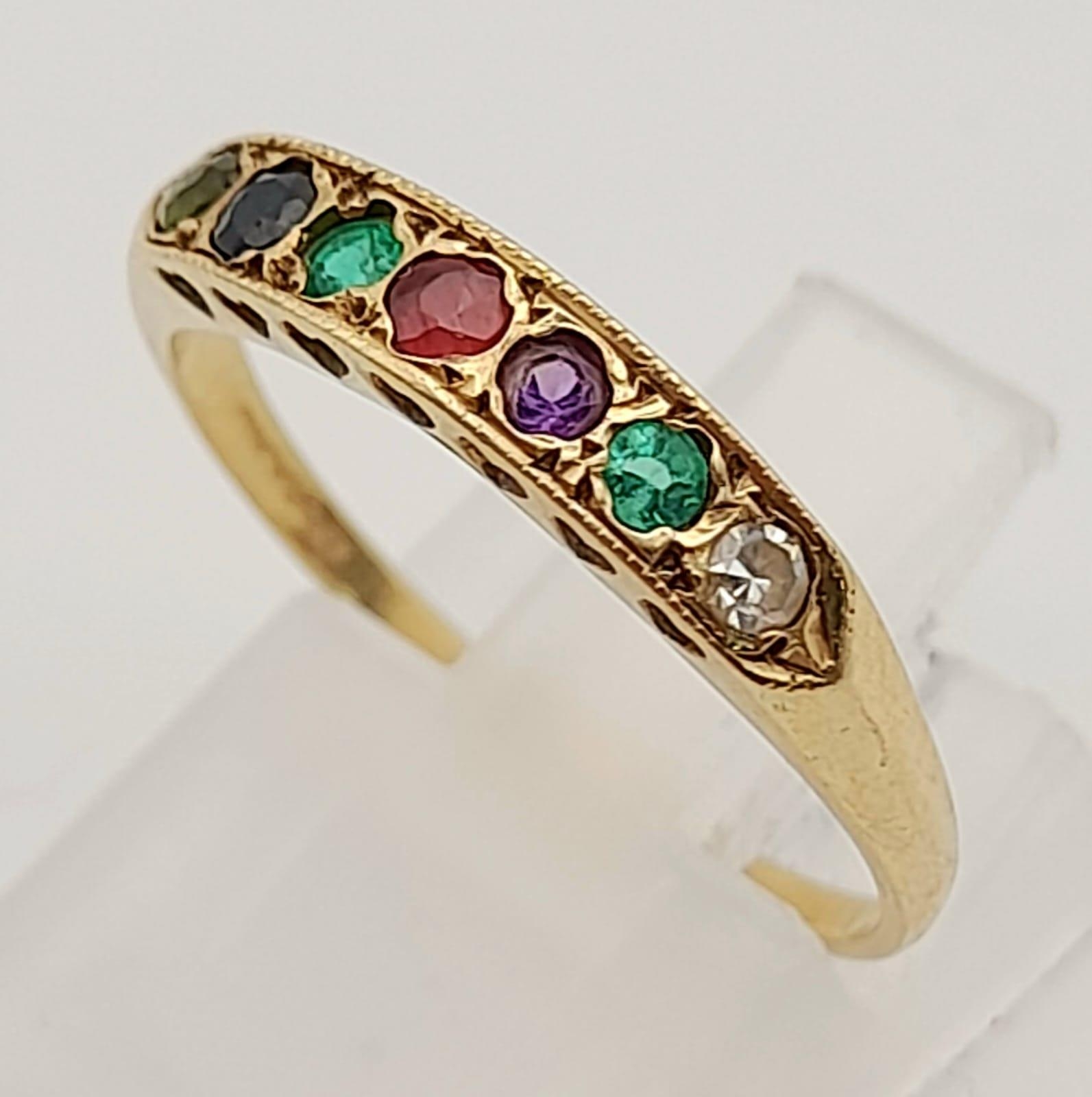 9k Yellow Gold Dearest Ring, Diamond, Emerald, Amethyst, Ruby, Sapphire and Topaz. Size O, weighs - Image 3 of 6