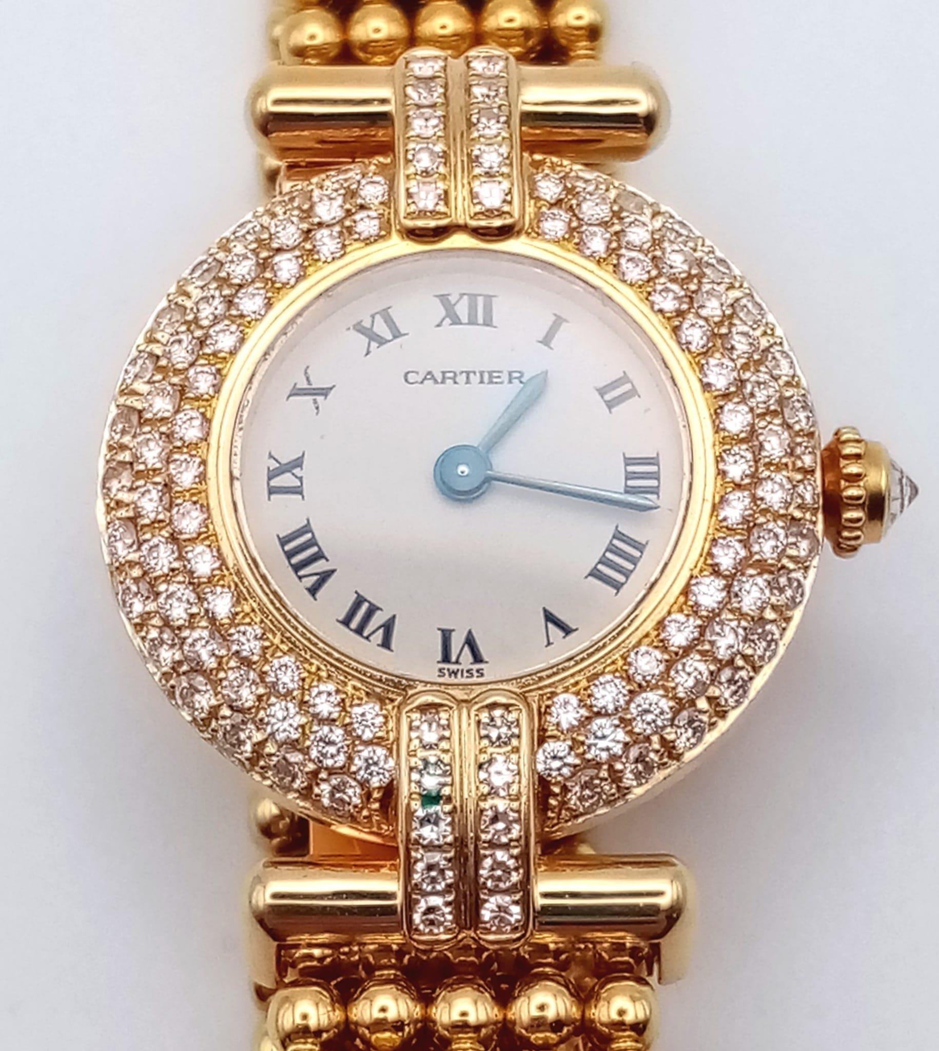 A Cartier 18K Yellow Gold and Diamond Ladies Watch. Gold ball-link bracelet. Gold circular case - - Image 4 of 8