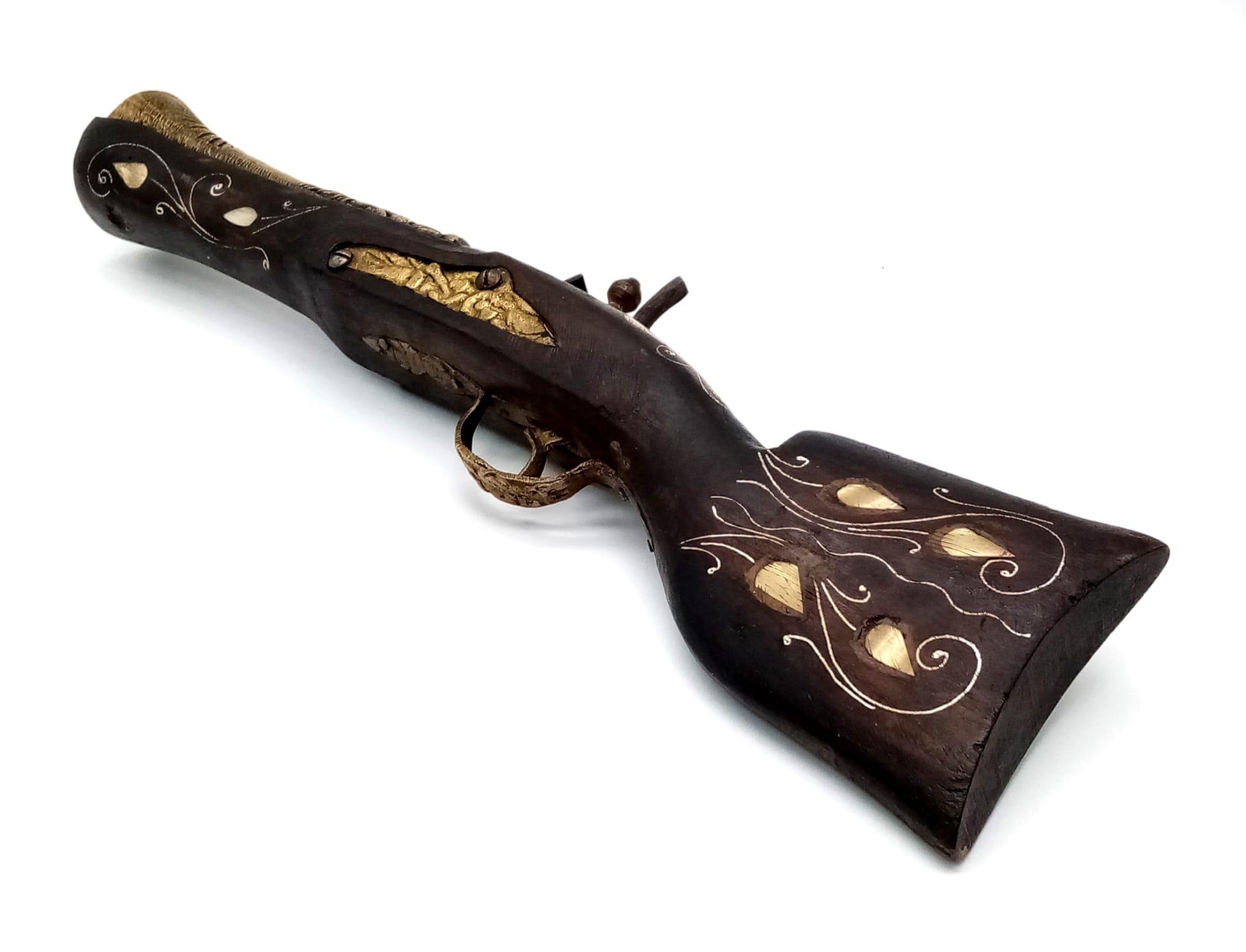 A Vintage Decorative Wood and Metal Eastern Blunderbuss Flintlock with Inlaid Mother of Pearl. - Image 3 of 4