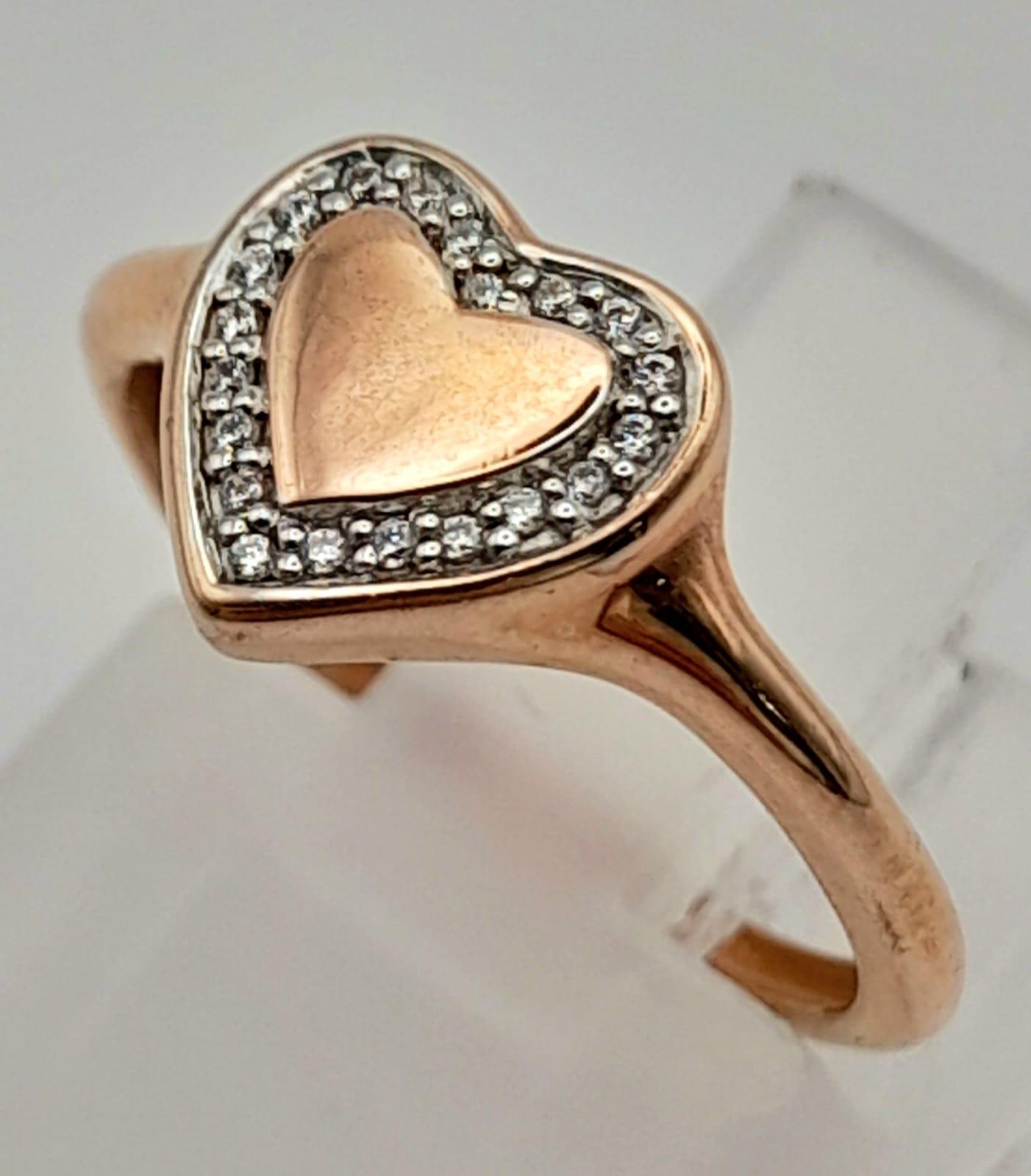 9k rose gold diamond heart signet ring Size G 1.1g (0.15ct diamonds) - Image 3 of 5