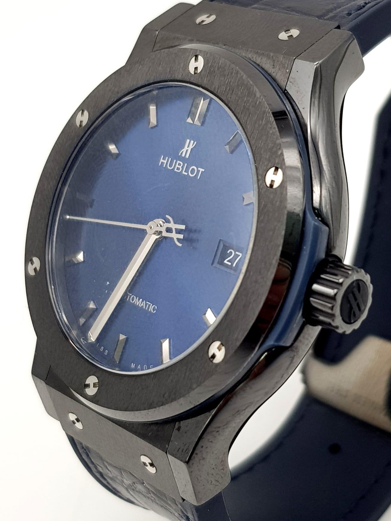 A Hublot Classic Fusion Automatic Gents Watch. Original Hublot blue alligator leather strap. Black - Image 2 of 6