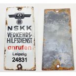 3rd Reich N.S.K.K Enamel Sign “For Traffic Assistance Call Leipzig 24831”