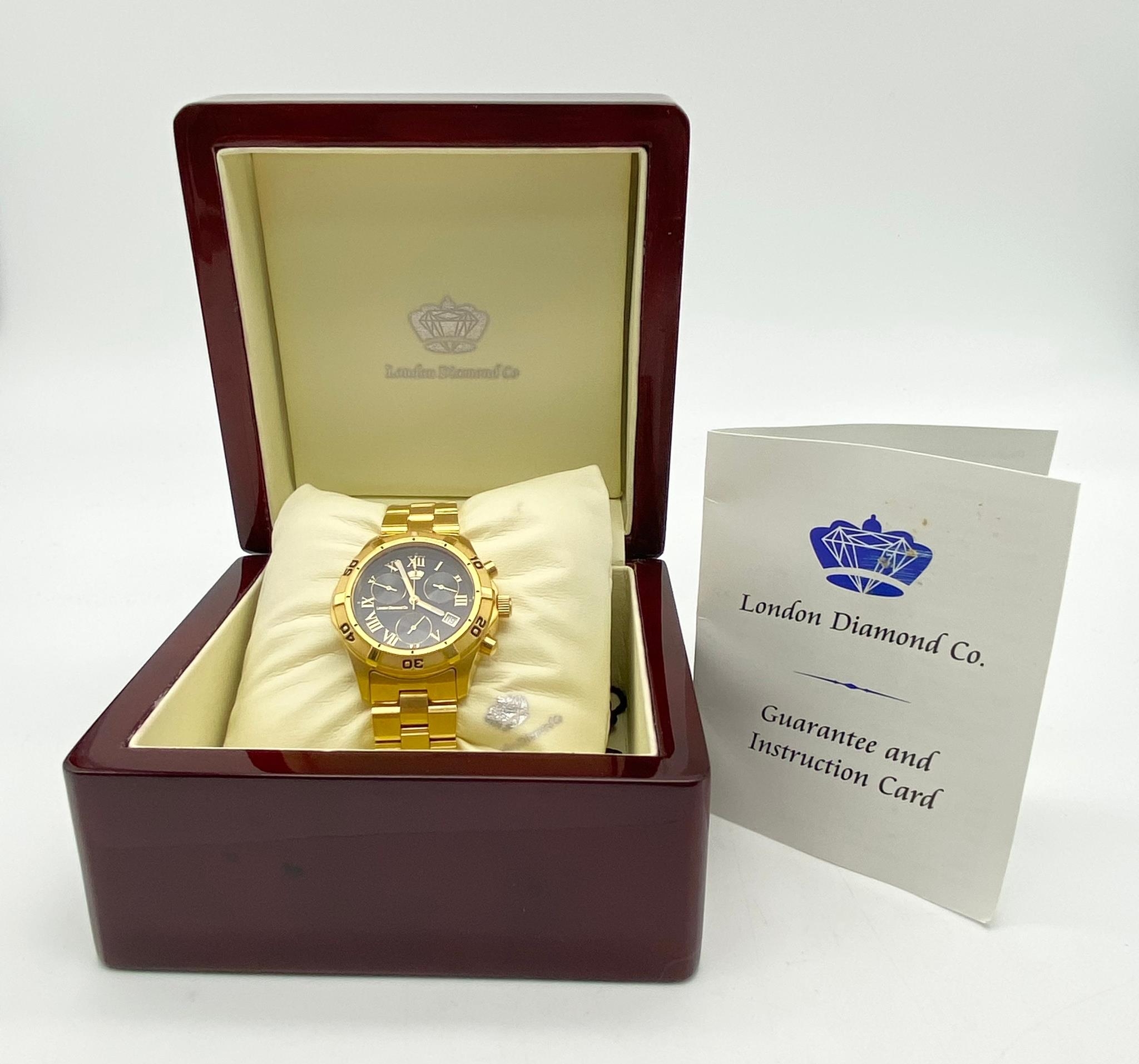 Excellent Condition Limited Edition London Diamond Company 18 carat Gold Plated Chronograph Watch. - Image 4 of 4