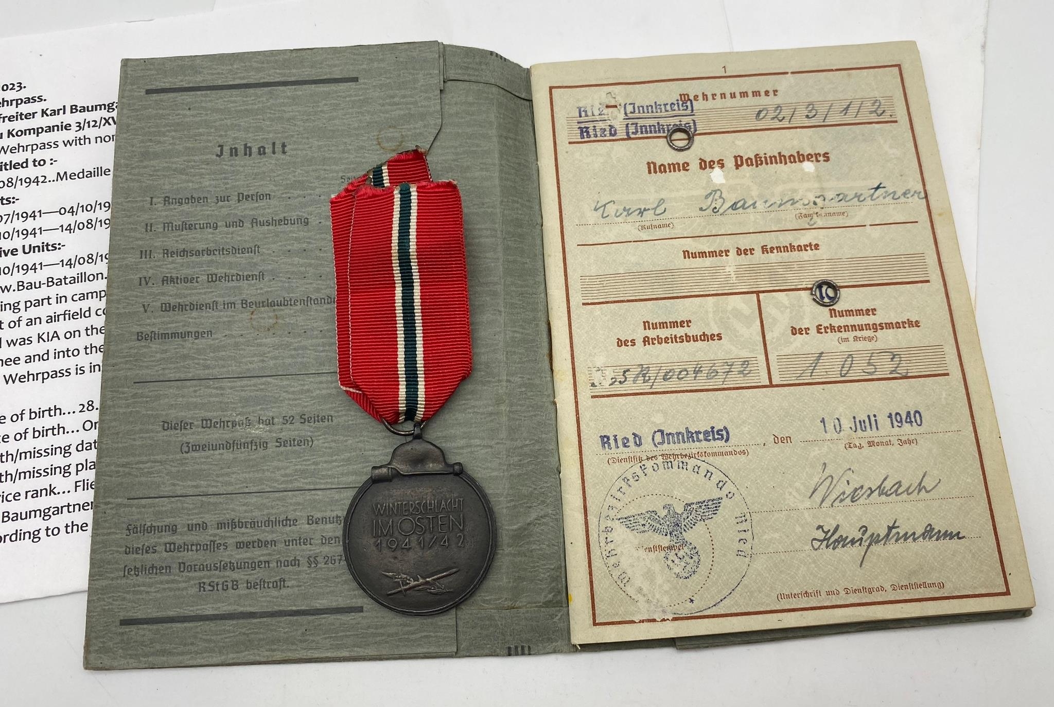 WW2 German Luftwaffe Wehrpass/Service Book and Eastern Front Medal. The service book named to one - Image 2 of 4