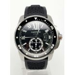 A Cartier Divers Gents Watch. Calibre de Cartier. Good to 300M. Black rubber strap. Stainless