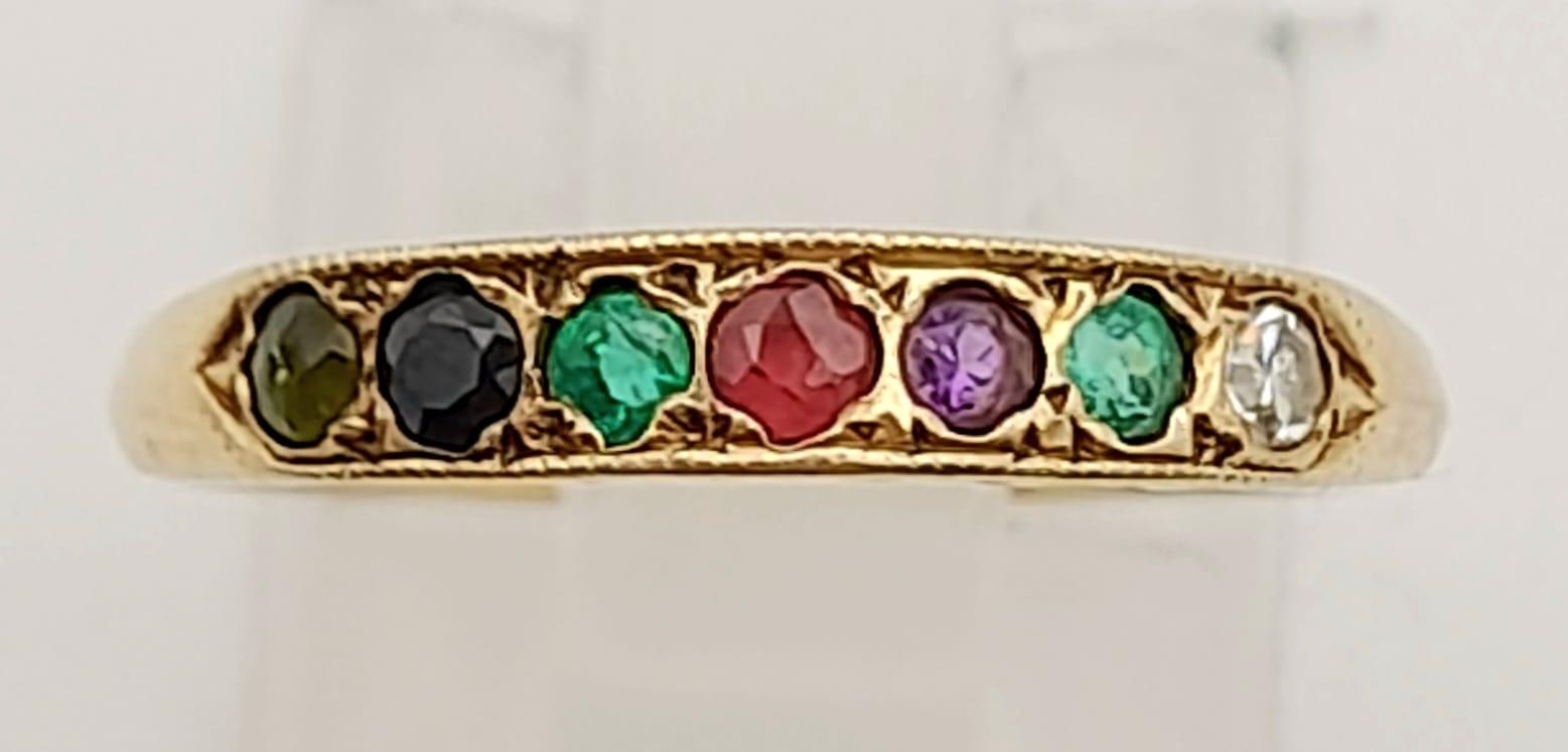 9k Yellow Gold Dearest Ring, Diamond, Emerald, Amethyst, Ruby, Sapphire and Topaz. Size O, weighs - Image 4 of 6