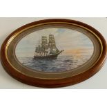 Limited edition print No. 32 of 200 in original ornate wooden oval frame. Picture of sail ship at