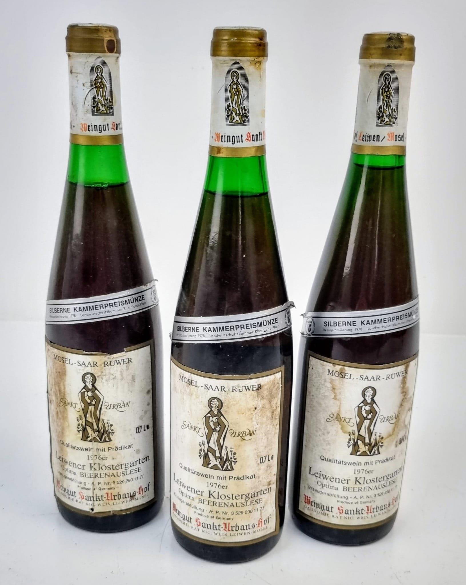 Three Bottles of 1976 Leiwener Klostergarten Beerenauslese German White Wine. This late harvest