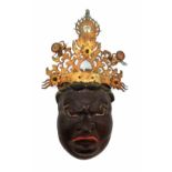 Antique Muro Machi period Fudo Miyo mask with superb ornate gilt crown, detailed writing on the