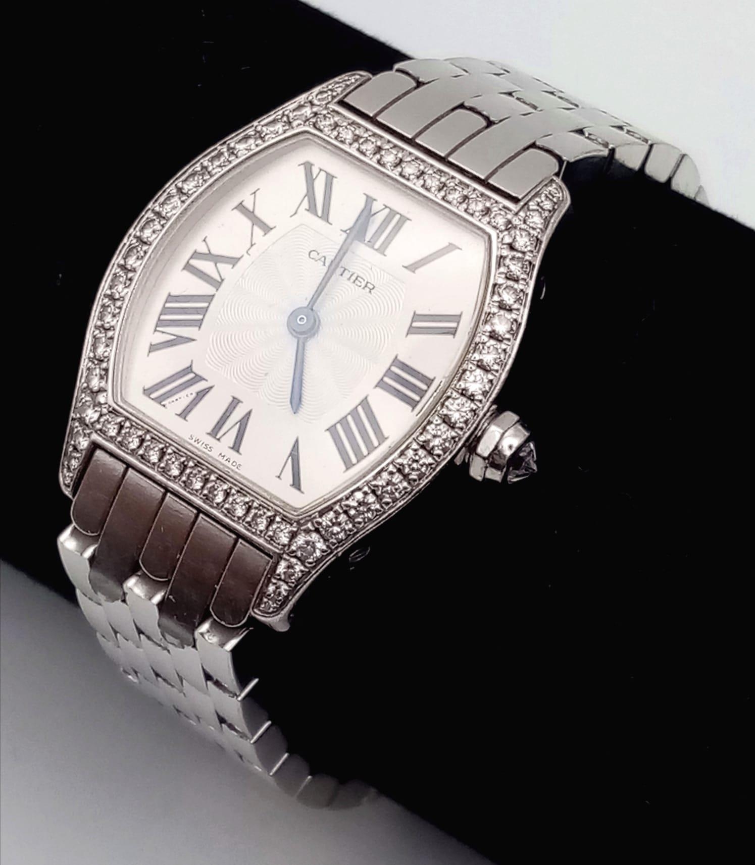 A Cartier 18K Gold and Diamond Tortue Ladies Watch. 18K gold bracelet and case - 25mm. White dial. - Image 3 of 8