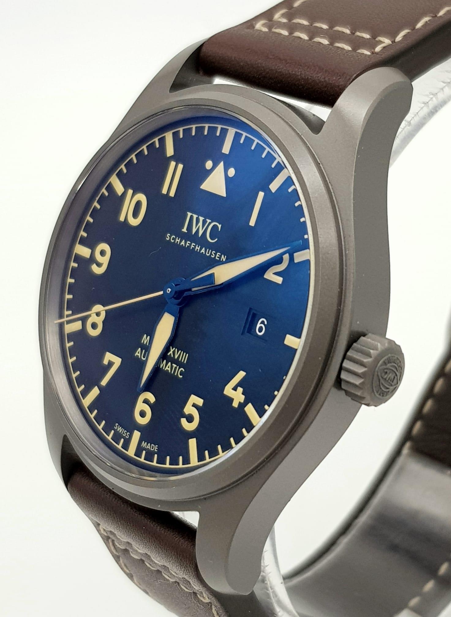 An IWC Mark XVIII Pilots Watch. Brown leather strap. Titanium case - 40mm. Black dial with date - Image 2 of 6