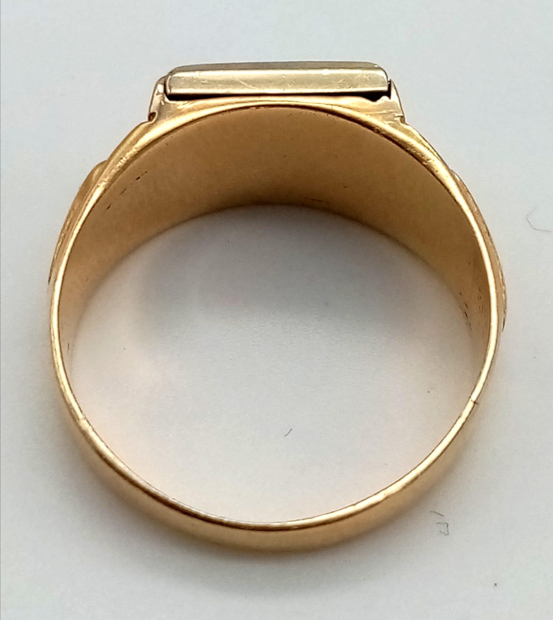 An 18K Yellow Gold, Platinum and Diamond Signet Ring. The letter H is spelled out with 12 - Image 4 of 4